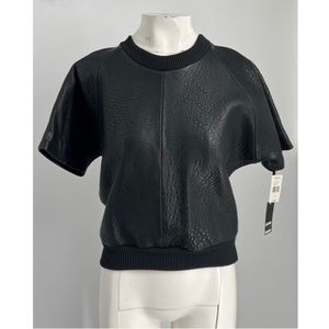 NWT Vera Wang 2014 Black Leather Short Sleeve Round Neck Elastic Waist Top sz 0